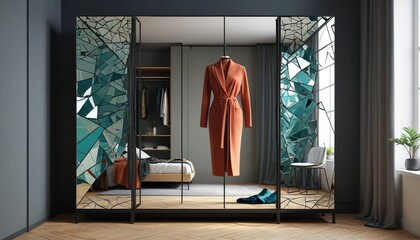 A compact wardrobe designed from panes of broken mirror shards, creating a fragmented but dazzling visual effect, Generative AI