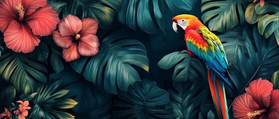 vibrant and detailed illustration of tropical plants with large leaves in shades of green and orange, surrounded by exotic flowers like orchids or hibiscus blossoms