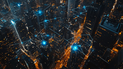 Fototapeta premium Smart digital Innovation Business skyscrapers in the Financial District with connection network reciprocity over the cityscape. of future smart wireless digital city and social media networking