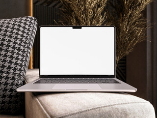 A laptop mockup placed in a home interior setting. 3D render.