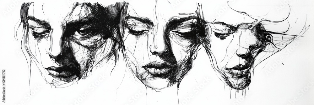 Poster this artwork showcases multiple faces, focusing on diverse emotions through intricate line work and 