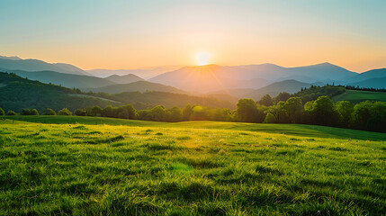 Naklejka premium a serene landscape of rolling green hills bathed in the warm light of a rising sun. The gentle curves of the hills create a sense of tranquility