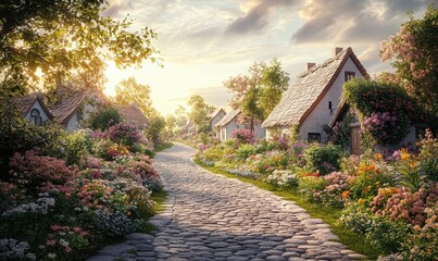 A cobblestone path lined with quaint, flower-adorned cottages in a peaceful village, under a soft, cloudy sky. Concept: countryside charm, simplicity.
