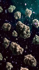 Fototapeta premium a lot of green cannabis buds flying in direction to the camera on a black background with purple shinning particles floating around