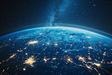 Obraz premium A breathtaking perspective of Earth illuminated by city lights against the backdrop of swirling clouds and a vast starry sky, capturing the planet's beauty from space.