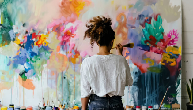Painter artist creating large abstract artwork in bright studio filled with art supplies and colorful paint, woman drawing picture