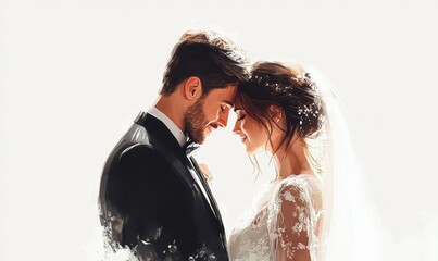 Bride and groom standing closely, heads bowed together in a tender moment. Concept of unity.