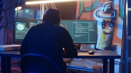 Hacker arriving in underground base, ready to do computer sabotage using encryption trojan ransomware. Cybercriminal starting hacking process, ransoming stolen data from victims, camera B