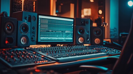 Fototapeta premium Professional music production studio with state-of-the-art equipment, featuring a mixing console, computer with audio software, and multiple speakers in a warmly lit, atmospheric setting.
