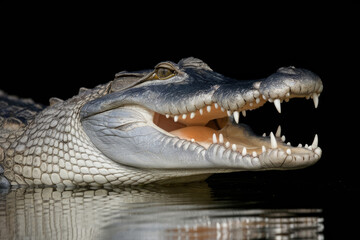 Obraz premium A crocodile is shown with its mouth open, revealing its sharp teeth. Concept of danger and power, as the crocodile is a formidable predator in the wild. Black background