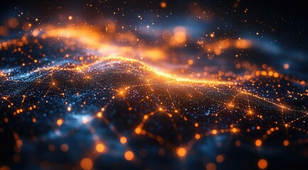 Obraz premium Abstract glowing particles forming a wave-like landscape with orange and blue hues.