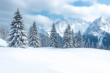 Fototapeta premium A dense forest of snow-covered evergreen trees, set against a breathtaking backdrop of towering, snow-capped mountain, winter
