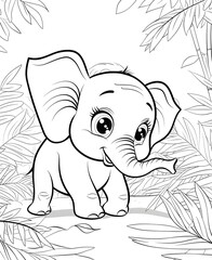 Obraz premium Adorable Elephant Coloring Page for Kids in Jungle Setting