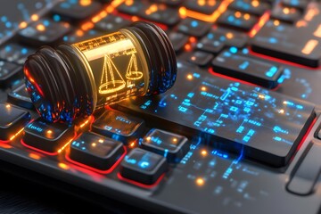 A gavel with scales of justice on a glowing keyboard, symbolizing law and technology.