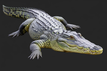 Fototapeta premium A large alligator lays on its back on a dark background. The alligator is the main focus of the image, and it is resting or relaxing. The dark background emphasizes the size. Black background