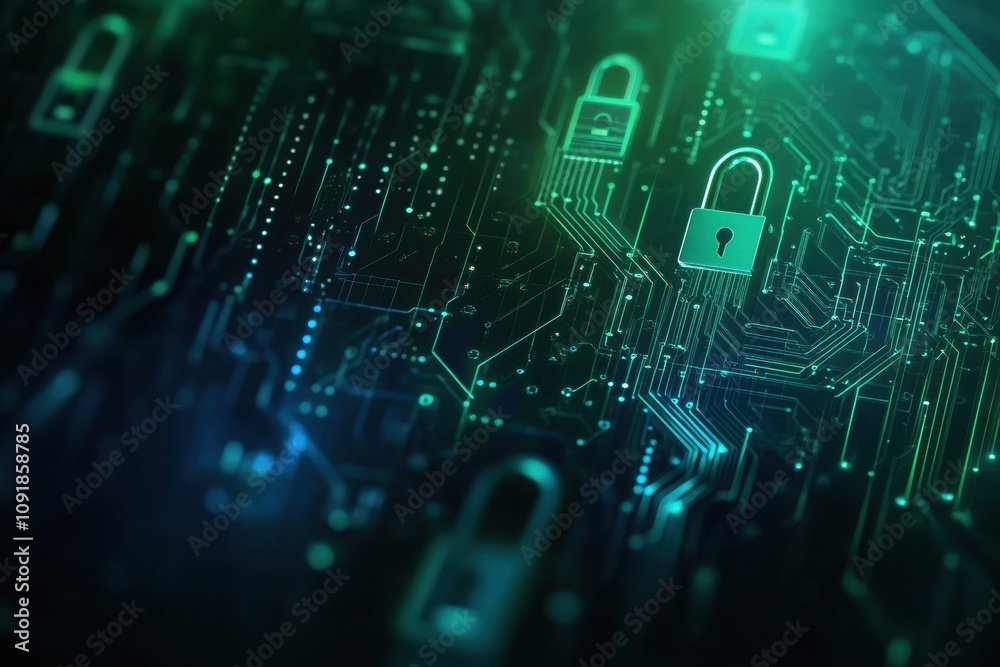Poster Abstract design showcases a network of padlocks and keys intertwined within a glowing circuit board pattern, emphasizing security and technology. Generative AI