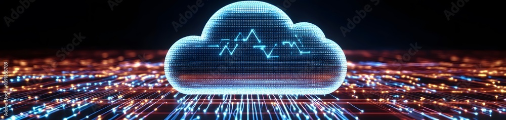 Poster a digital cloud symbol with data patterns representing cloud computing and technology.