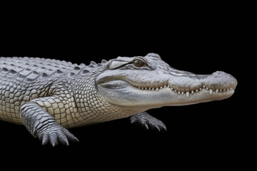 Fototapeta premium A large alligator is shown in a black and white photo. The alligator is standing on its hind legs and he is looking at the camera. The photo has a moody and mysterious feel to it