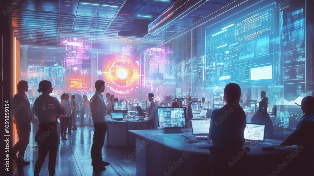 Leinwandbilder In a high-tech control room, professionals engage with holographic displays and computer screens, collaborating on data analysis during a critical operation at night.