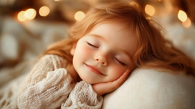Ni&ntilde;a durmiendo con sueter blanco y fondo de luces