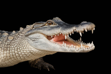 Fototapeta premium A crocodile's mouth is open, revealing its sharp teeth. Concept of danger and power, as the crocodile is a formidable predator. Black background