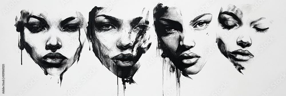 Poster this artwork portrays a series of faces, each illustrating distinct emotions through strong contrast