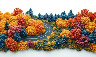 Winding road through vibrant autumn forest with colorful leaves. Concept: scenic fall journey.