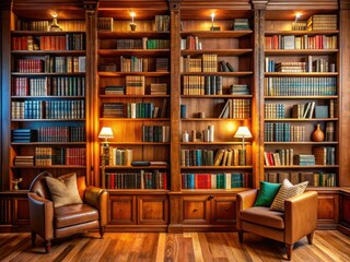 Modern Wooden Bookshelf, Classic Interior, Home Library, AI Photo