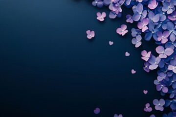 Fototapeta premium Frame made of purple and violet flowers on dark blue background with copy space. Greeting card for Women's Day, Mother's Day, Valentine's Day, wedding, birthday party. Color of 2025 year. Top view
