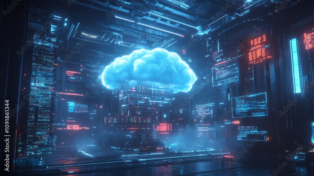 Poster a glowing digital cloud hovers above a high-tech environment filled with neon blue and red displays.