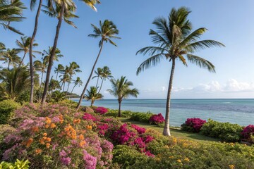 Fototapeta premium Tropical island scene with palm trees and colorful flowers, floral patterns, sunny weather, seamless background, lush greenery, exotic landscapes