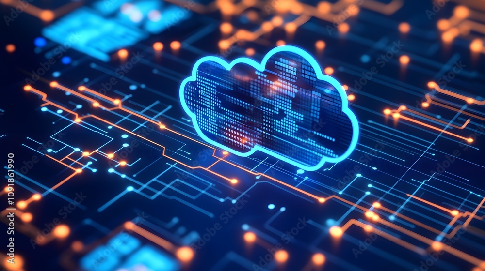 Poster a digital cloud icon surrounded by circuit patterns, symbolizing cloud computing and technology.
