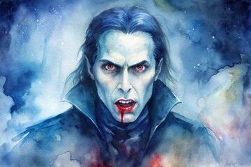 Mysterious figure with red eyes and bloodstained lips in a dark atmosphere