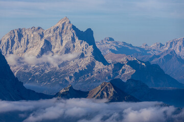 Dolomite mountains scenic landscape of towering rocky peaks in the Alps. High walls in the Alps...