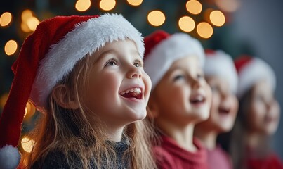 Children singing Christmas carols wearing Santa hats with festive lights in the background. Concept: holiday tradition, music, joy