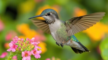 Fototapeta premium A vibrant hummingbird in flight, hovering near pink flowers.