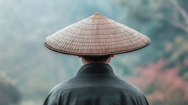 Asian straw cone-shaped hat on a man on the background of nature. View from the back.