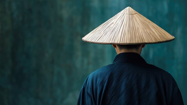 Asian straw cone-shaped hat on a man on the blue wall background. Rear view.