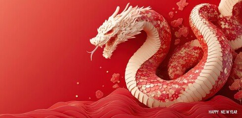 Obraz premium Golden dragon sculpture celebrating the year of the snake in a stunning red backdrop for the lunar new year holiday.