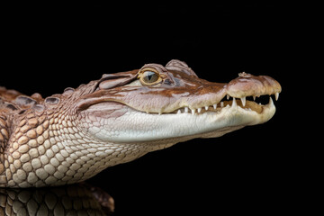 Fototapeta premium A close up of a crocodile's face with its mouth open. Concept of curiosity and intrigue, as the viewer is drawn to the crocodile's unique features and the way it is looking at the camera