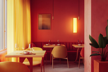 Vibrant Sunset Coral Dining Room Interior Design Evoking Joy and Modern Aesthetics