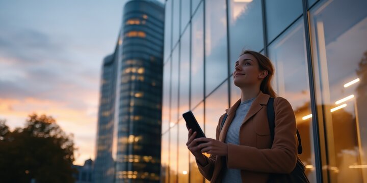 A European female entrepreneur stepping out of a glass-fronted skyscraper, smartphone in hand, with city lights reflecting on the building, during early evening golden hour