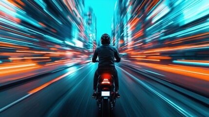 Obraz premium A motorcyclist speeds through a vibrant city, surrounded by dynamic lights and blurred motion, capturing the essence of urban energy and adrenaline.