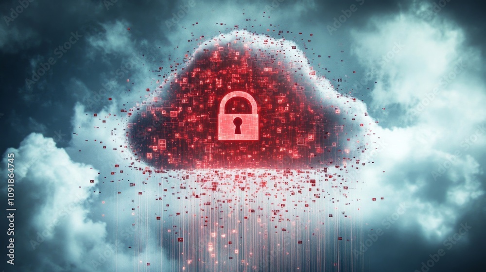 Leinwandbilder A conceptual representation of cloud storage security showcases a large cloud with a lock symbol at its center.