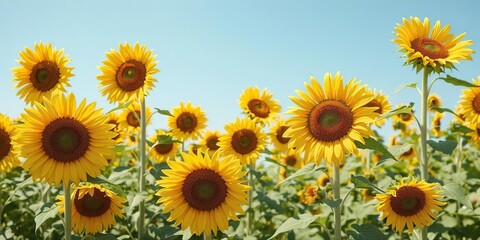 Fototapeta premium Vibrant field of sunflowers in full bloom under clear blue sky, landscape, sunflowers