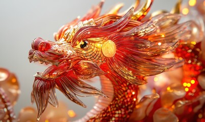 Close-up of a vibrant Chinese dragon parade float, adorned in red and gold, with lights and sparkles. Concept: cultural celebration and tradition.