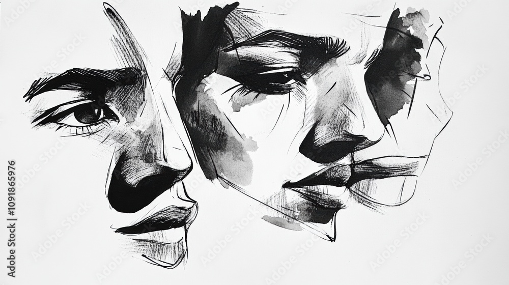 Poster intricate ink portraits showcase the emotional depth of faces, utilizing contrast and detailed line 
