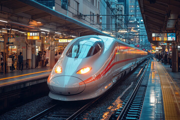 Fototapeta premium a modern high-speed train at a station in an urban landscape, presumably in one of the major cities of Japan. 