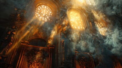 Obraz premium A grand, illuminated interior with ornate architecture and dramatic light.