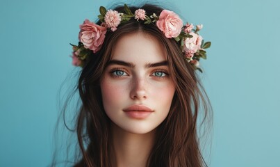 Naklejka premium Close-up portrait of a young woman with long brown hair and a flower crown, standing against a blue background. Concept of beauty, nature, and fresh spring vibes.